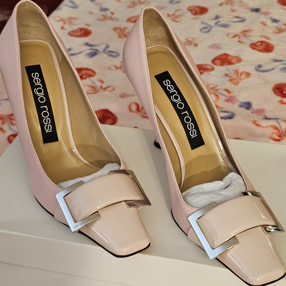 Sergio Rossi Blush Pink Patent Leather Buckle Pumps